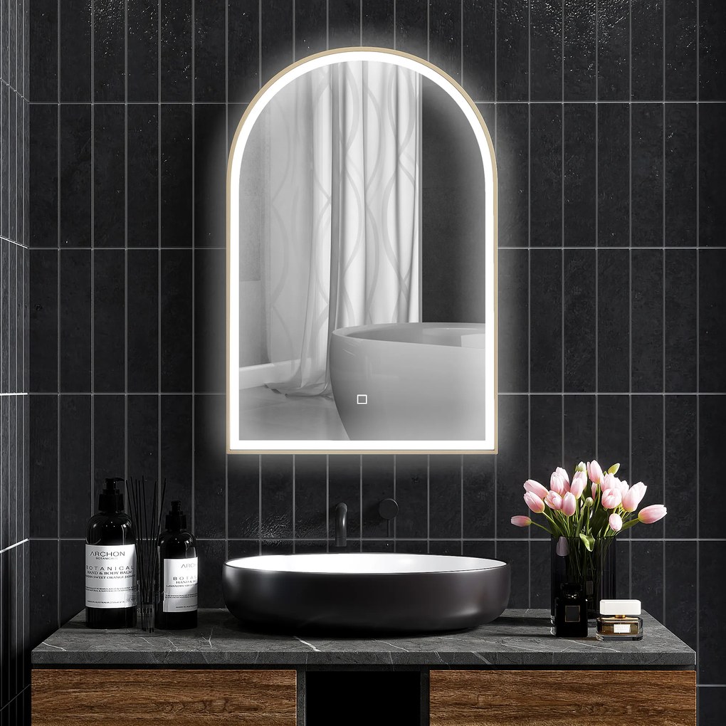 Espelho de casa de banho com LED, 90 x 60 cm, de parede, 3 cores, moldura arqueada em alumínio, sistema antiembaciamento e interruptor tátil dourado