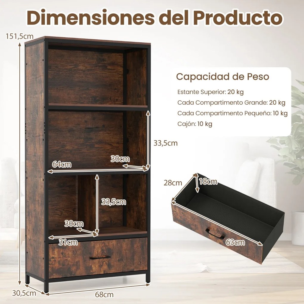 Estante de 4 níveis 68 x 30,5 x 151,5 cm com 4 compartimentos abertos e gaveta dobrável em tecido; Estrutura metálica para quarto ou escritório, em ca