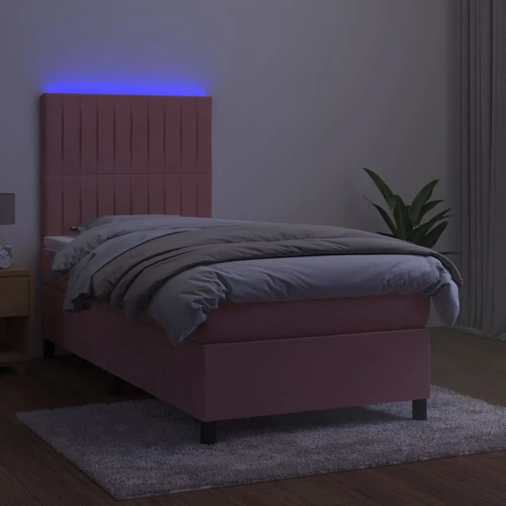 Cama box spring c/ colchão/LED 90x190 cm veludo rosa