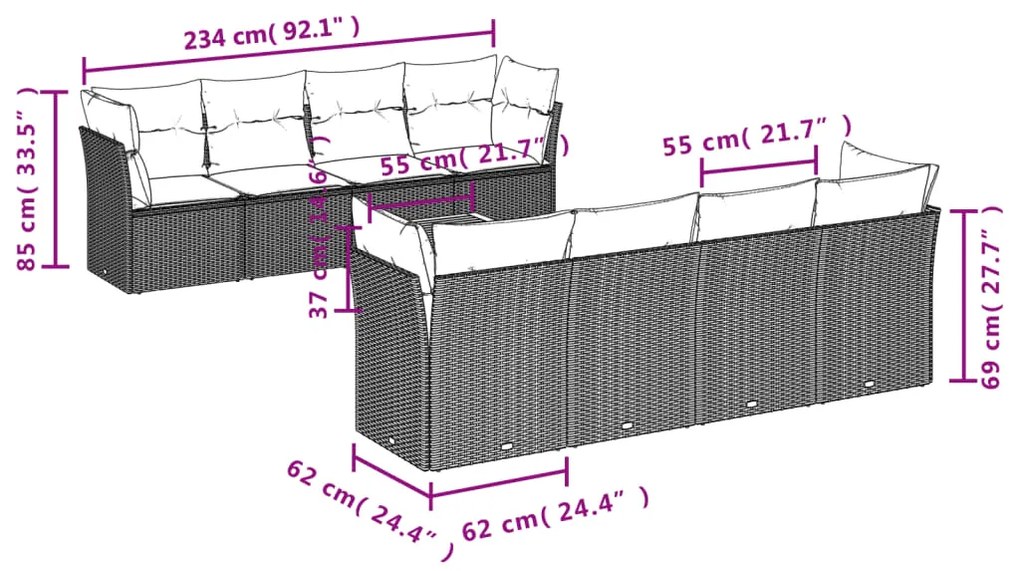 9 pcs conjunto de sofás p/ jardim com almofadões vime PE bege