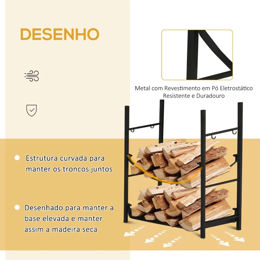 Suporte para Lenha de 2 Níveis Porta Lenha Exterior e Interior Metálico com 4 Ferramentas para Lareira Carga Máx. 70kg 44,5x29,x73 cm Preto