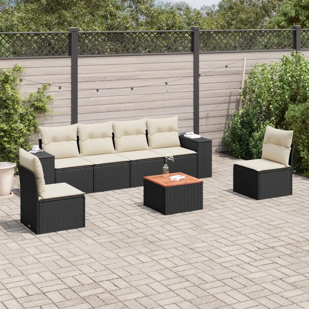 7 pcs conjunto de sofás p/ jardim c/ almofadões vime PE preto