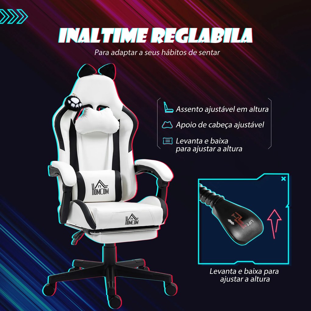 Cadeira Gaming com Orelhas Cadeira Gamer Reclinável com Altura Ajustável e Suporte Lombar 65x62x116-124 cm Branco