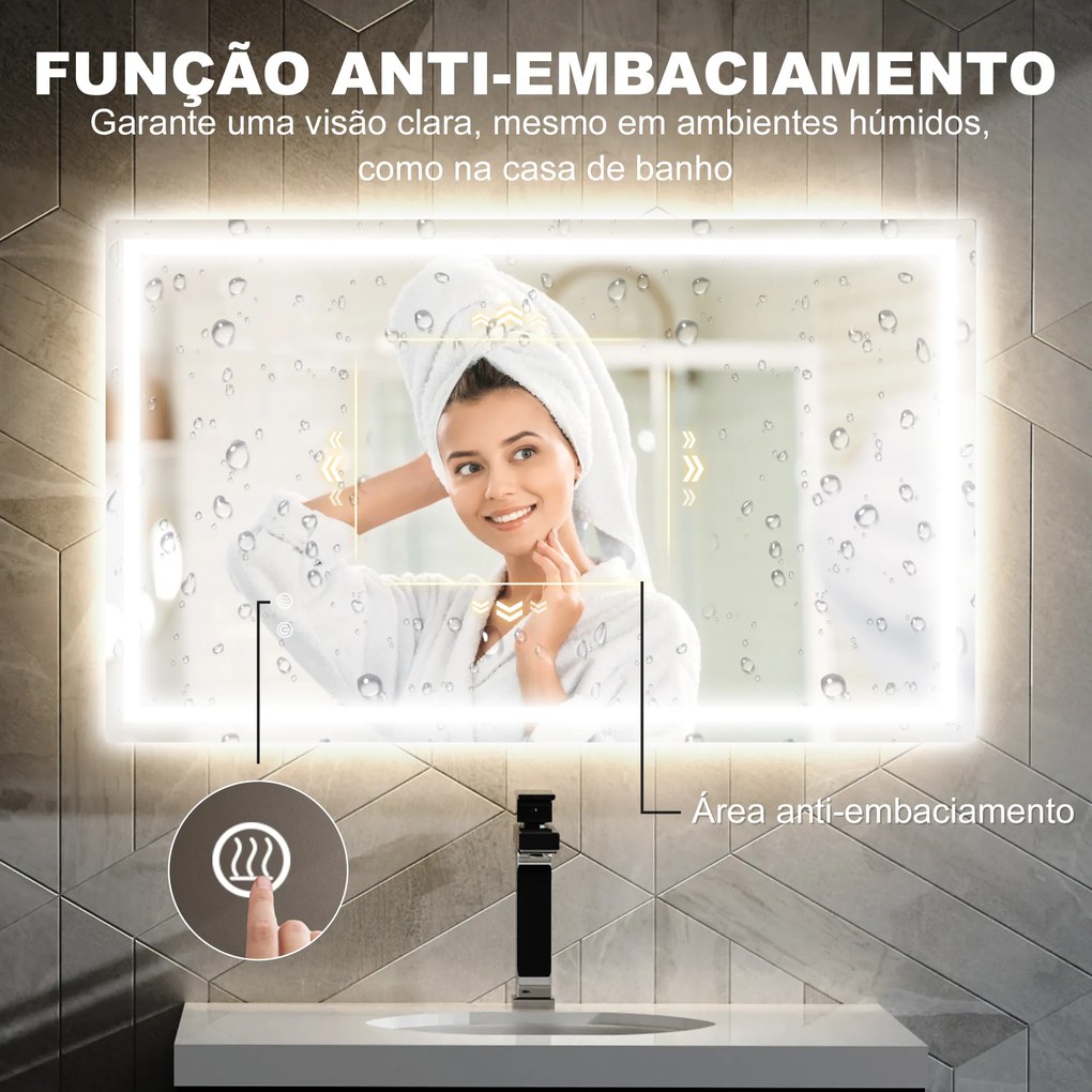 Espelho Casa de Banho com Luz LED 100x60 cm Espelho de Parede com Iluminação Anti-Embaciamento Brilho Ajustável e Interruptor Tátil