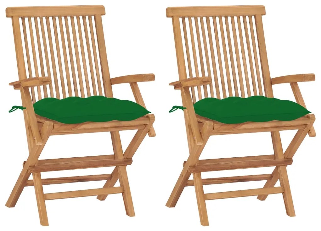 vidaXL Cadeiras de jardim c/ almofadões verdes 2 pcs teca maciça