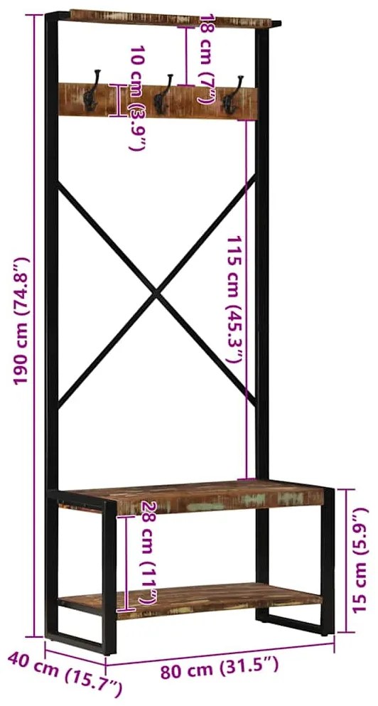 Suporte para roupas 80x40x190 cm madeira reciclada maciça