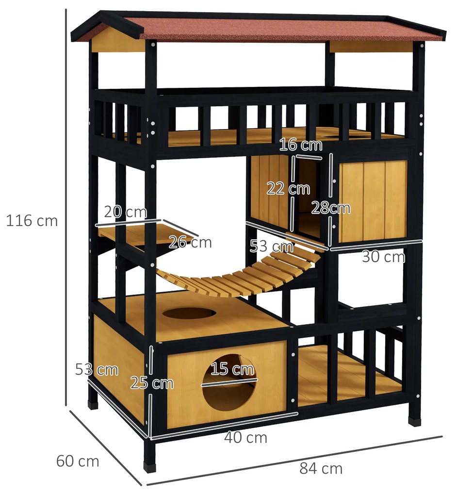 Casa para Gatos de Madeira 84x60x116 cm Abrigo para Gatos de 4 Níveis para Exterior com Ponte Suspensa Varanda Natural