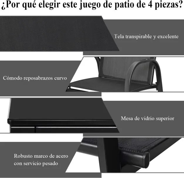 Conjunto Jardim de Mesa de Centro, 2 Cadeiras, Banco e Mesa de Centro de Jardim em Ferro e Malha para Terraço Exterior Preto