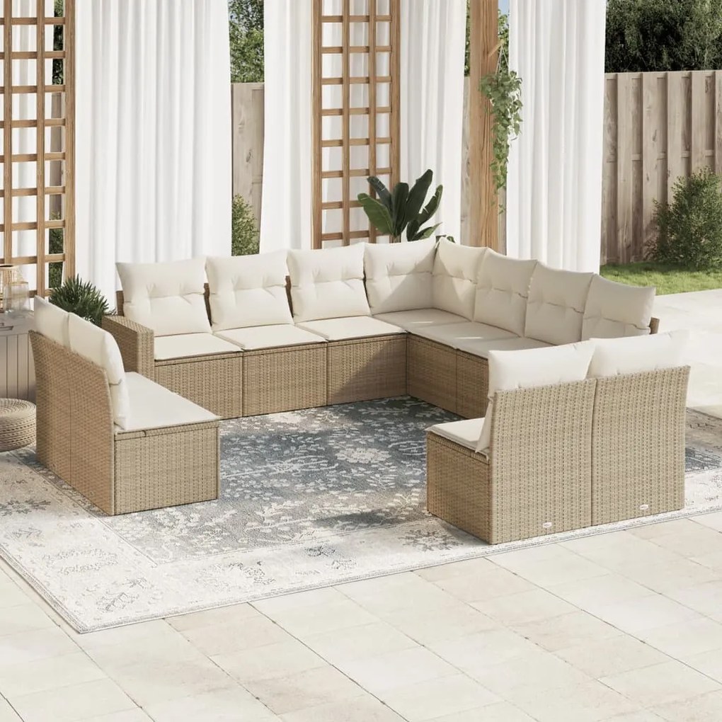 11 pcs conjunto sofás de jardim c/ almofadões vime PE bege