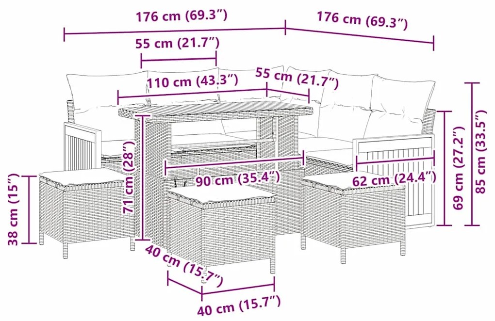 Conjunto de Sofá de Jardim vidaXL com Almofadas Bege Vime PE Acácia