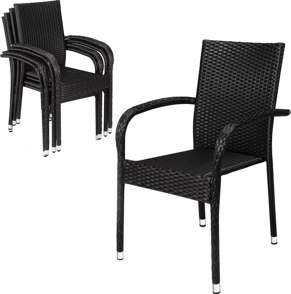 Conjunto de 4 Cadeiras jardim empilhável Comfort em Polyrattan Pretas