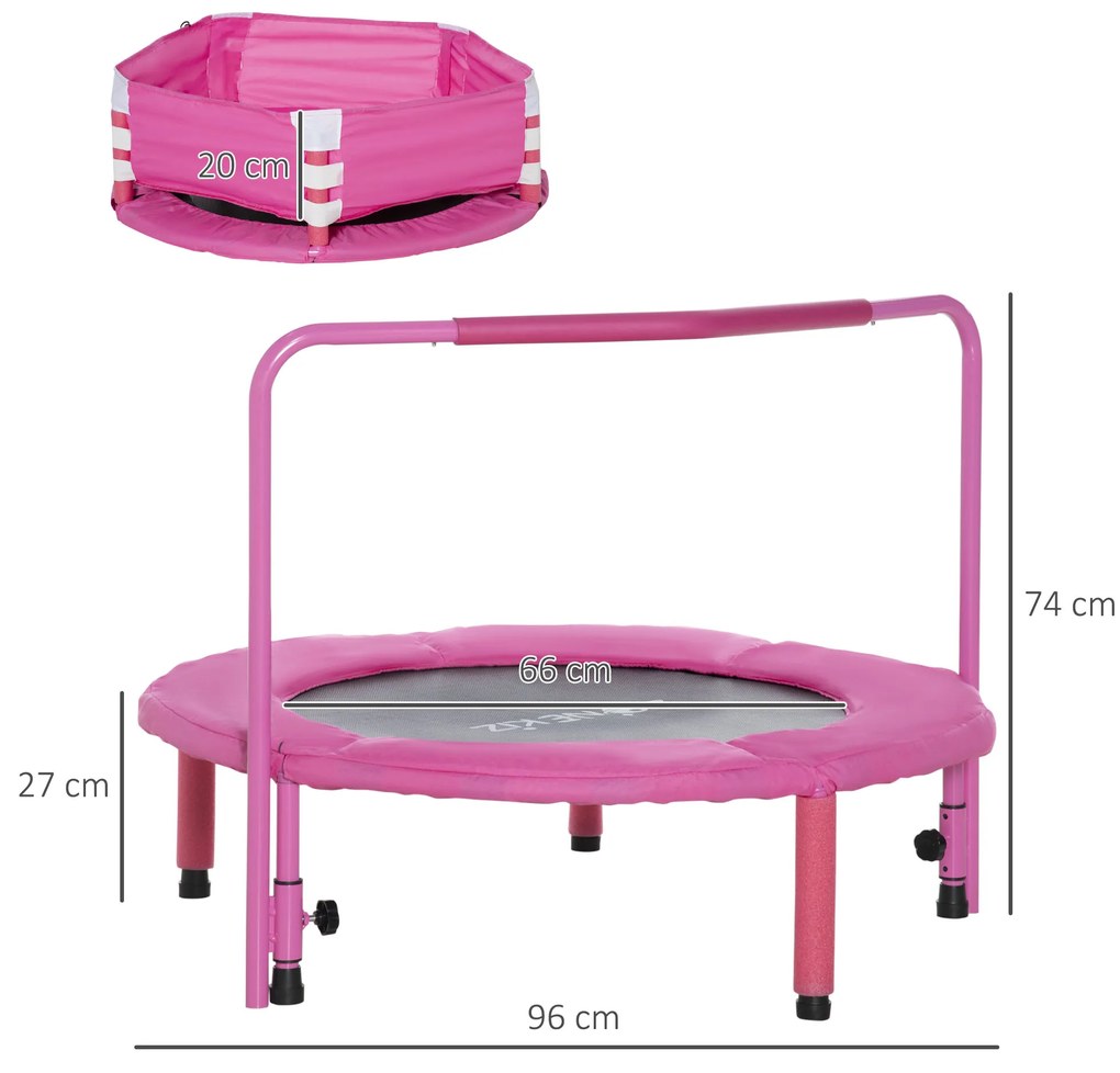 ZONEKIZ Trampolim Infantil 3 em 1 Trampolim para Crianças de 1-6 Anos com Corrimão Amovível Mini Trampolim para Interior Ø96x74cm Rosa