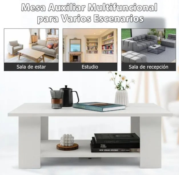 Mesa de centro moderna com prateleira aberta de madeira para sala 90 x 52 x 40 cm branca