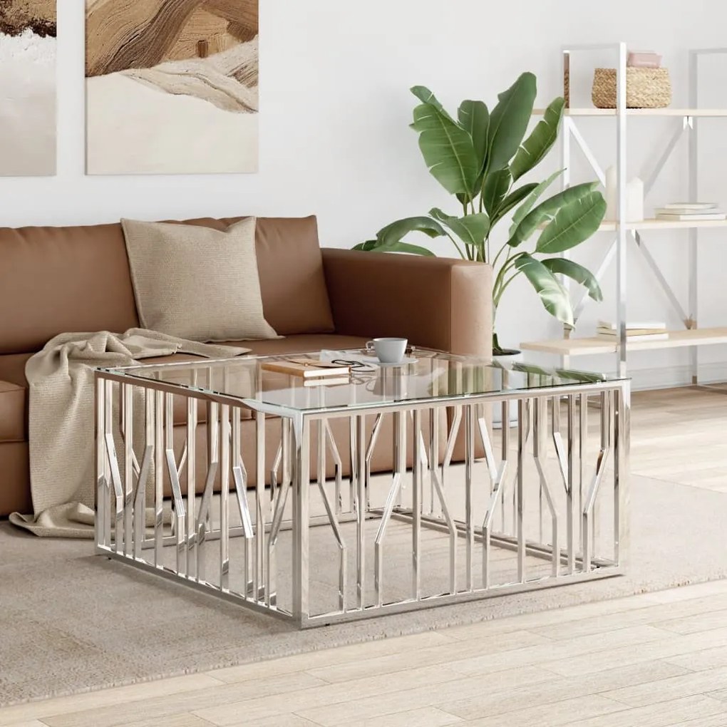 vidaXL Mesa de centro 100x100x50 cm aço inoxidável e vidro