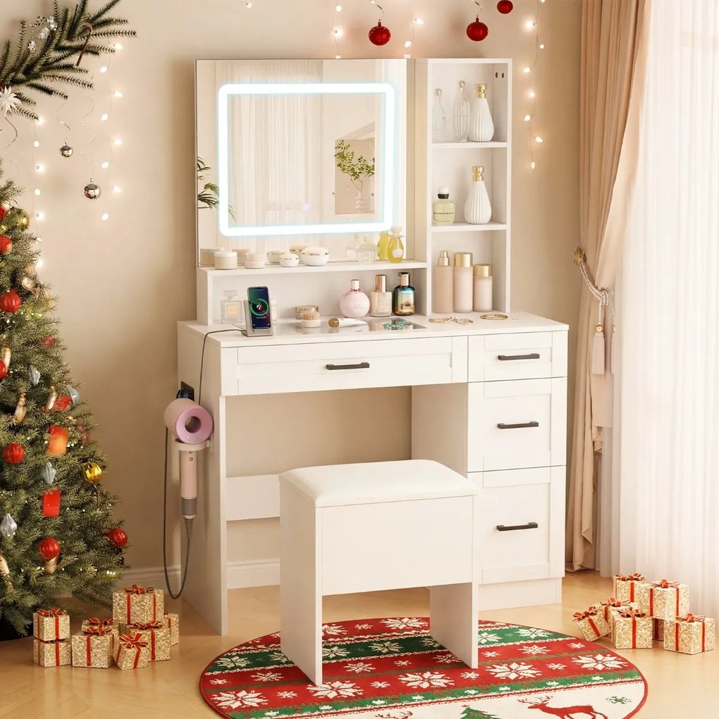 Toucador de maquilhagem com espelho e luzes 90 x 40 x 140 cm, com banco, espaço de arrumação, tomadas, tampo em vidro, 3 cores, luz regulável, branco