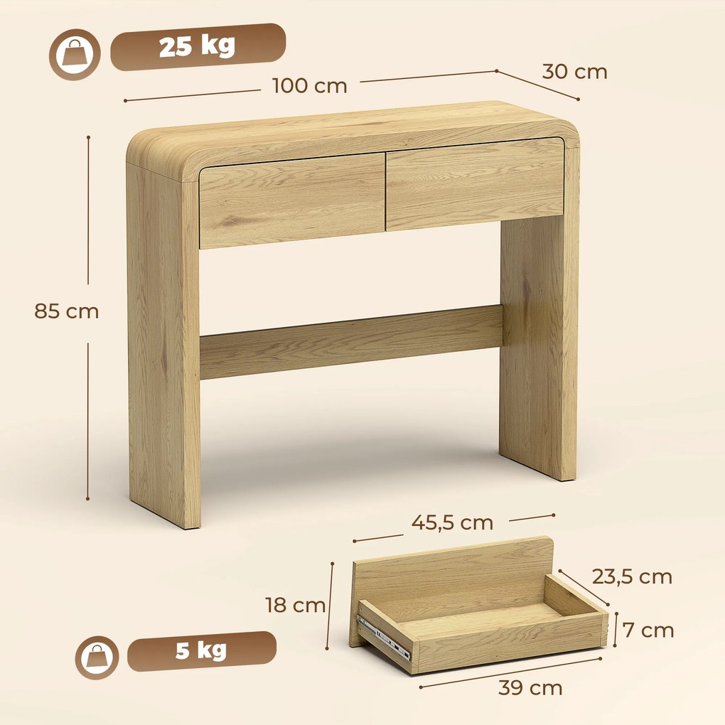 Mesa de Consola, 100 x 30 x 85 cm, 2 Gavetas, cor Madeira Natural