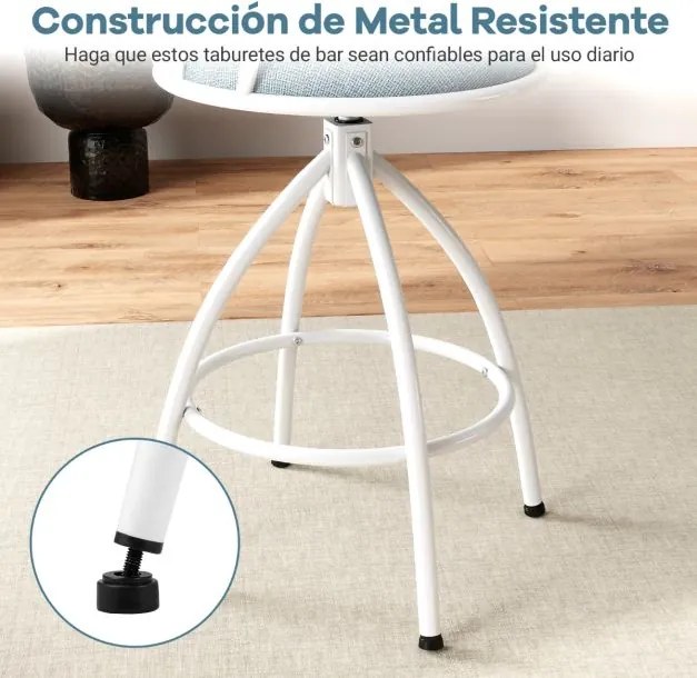 Conjunto de 2 bancos de bar giratórios estofados com encosto e apoio para os pés, estrutura metálica, para cozinha, bar, casa ou sala de jantar, azul