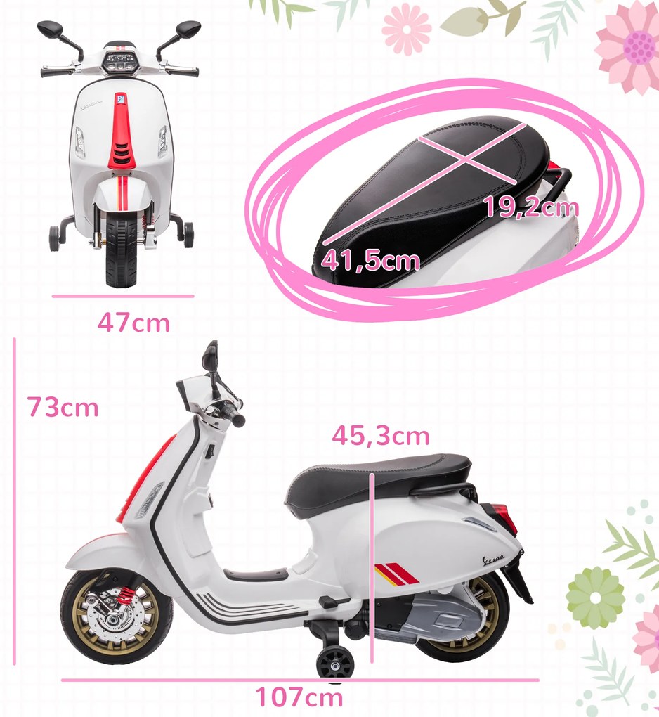 Mota Elétrica para Crianças de 3-6 Anos com Licença Vespa com USB MP3 Luz LED Rádio FM Velocidade 3 km/h Carga 35 kg Branco