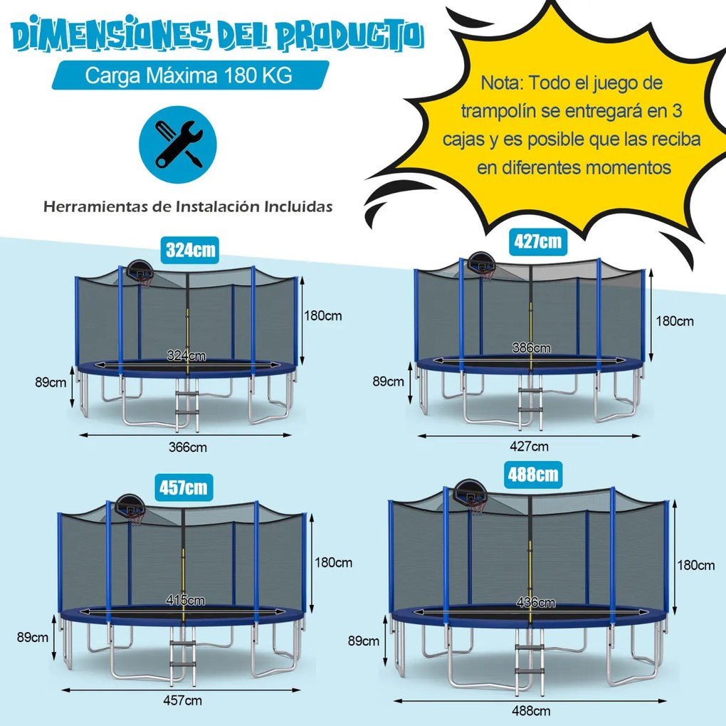 Trampolim para exterior com cesto Basquetebol 366 cm, carga máxima 180 kg, 72 molas, rede de segurança Azul