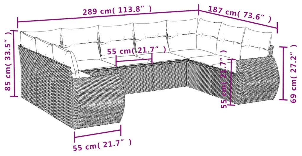 9 pcs conjunto sofás p/ jardim com almofadões vime PE cinzento