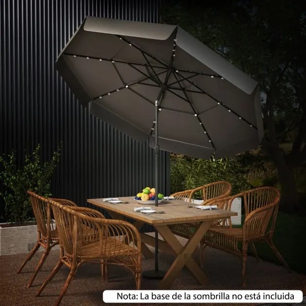 Guarda-sol solar de 300 cm com 32 luzes LED, parte superior ventilada com 3 níveis e ajuste de inclinação - cinzento