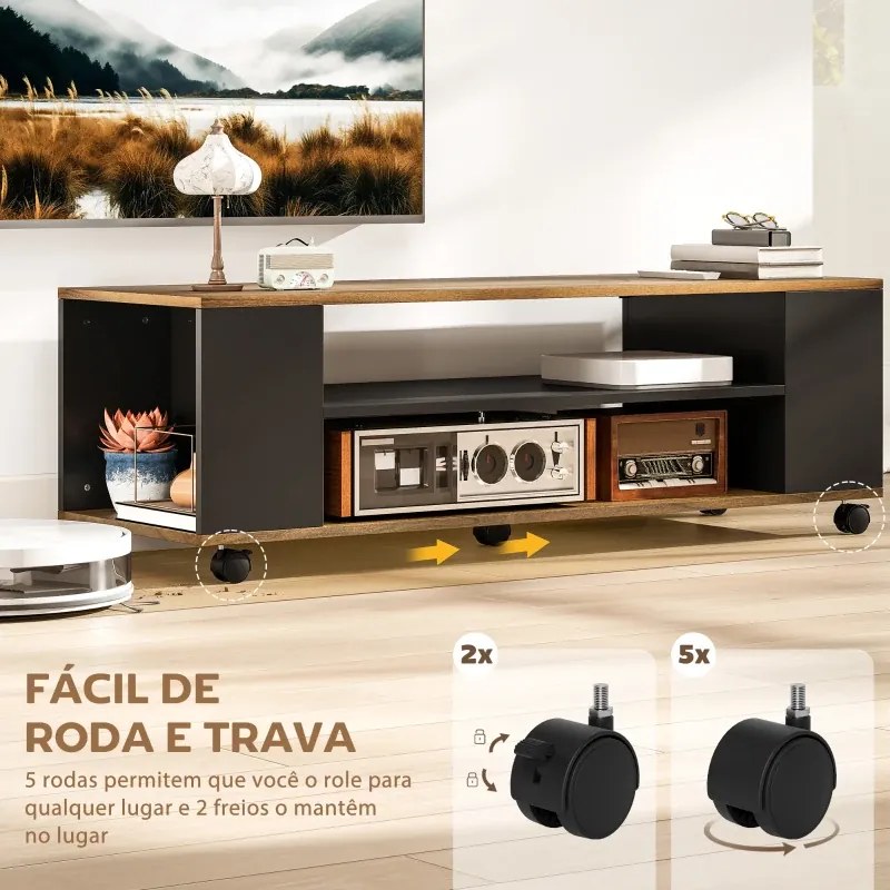 Móvel para TV com Rodas Armário para TV Flutuante com 2 Portas e 2 Prateleiras 120x40x38,5 cm Preto e cor Nogueira