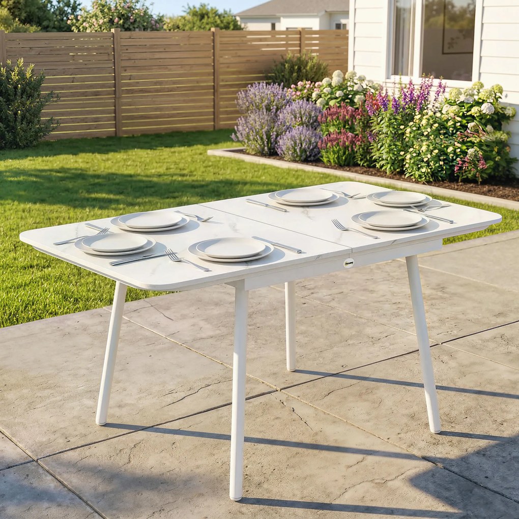 Mesa de jardim retangular para 4-6 pessoas  140 x 80 x 75 cm, tampo em WPC e estrutura em metal, pés ajustáveis, branca