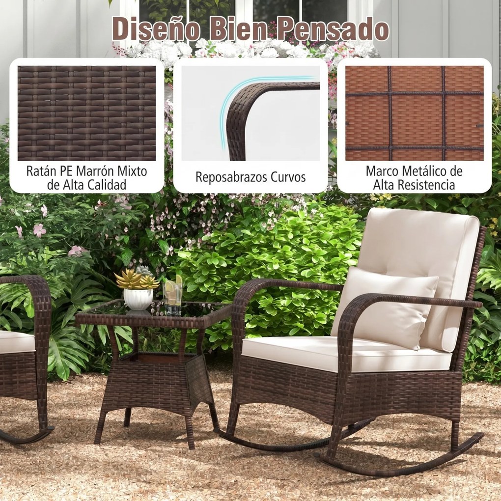 Conjunto de 2 Cadeiras de Baloiço e Mesa de Jardim, 84 x 67 x 86 cm, Estrutura em Rattan PE, Castanho