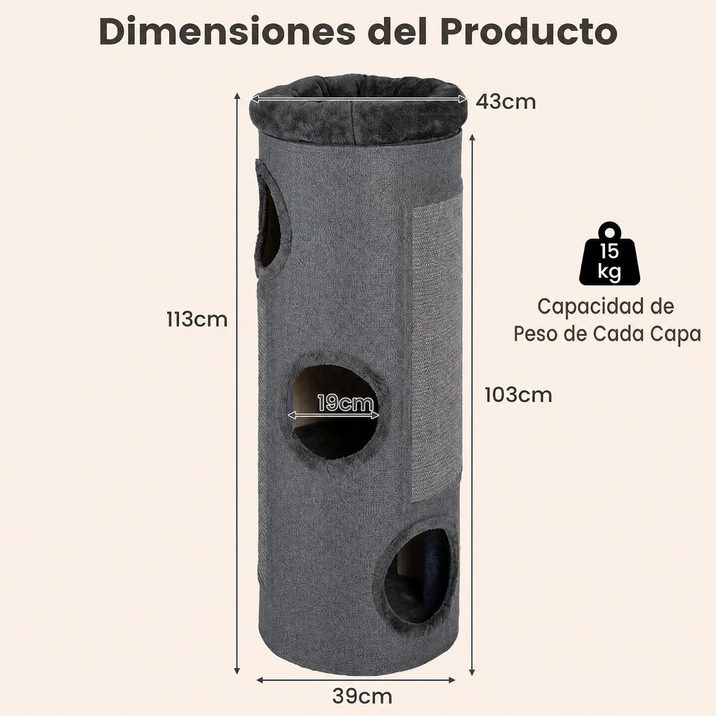 Arranhador para Gatos, 43 x 43 x 113 cm, 3 Grutas de Refúgio, Cinzento escuro