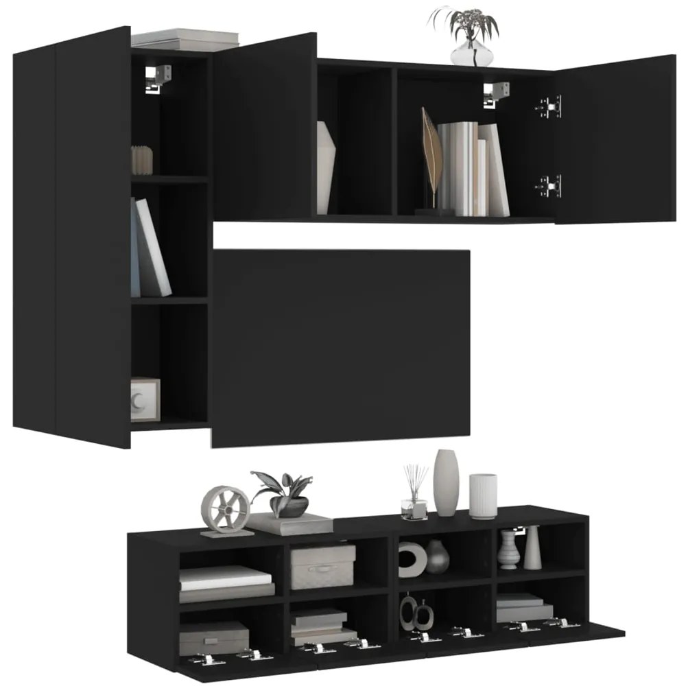 vidaXL 4 pcs móveis de parede para TV derivados de madeira preto