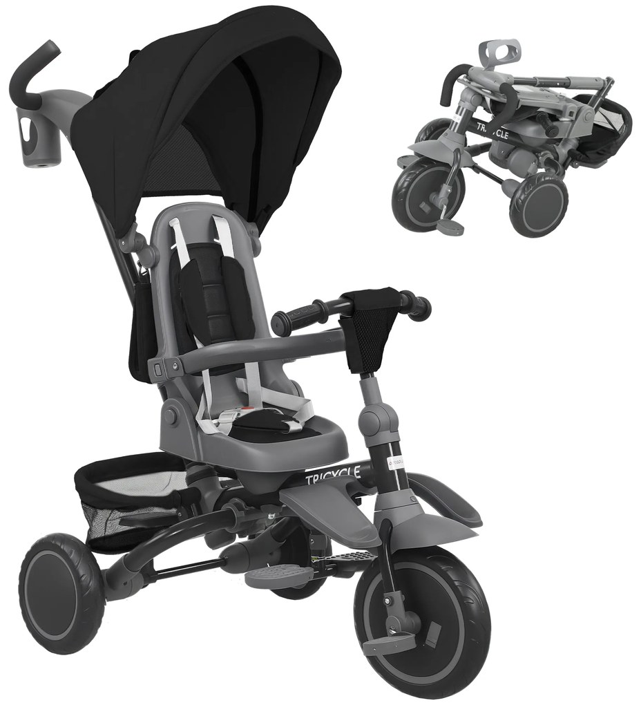 Triciclo Evolutivo 6 em 1 Dobrável com Assento Giratório de 360° Mango Parental Encosto Reclinável Toldo 111,5x52x98 cm Preto