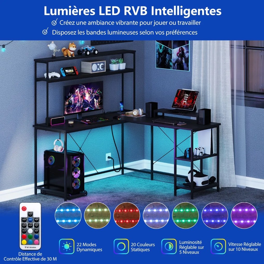 Mesa de jogos em formato de L com faixa de LED e tomadas, mesa de canto com monitor/suporte para CPU, prateleira cinza