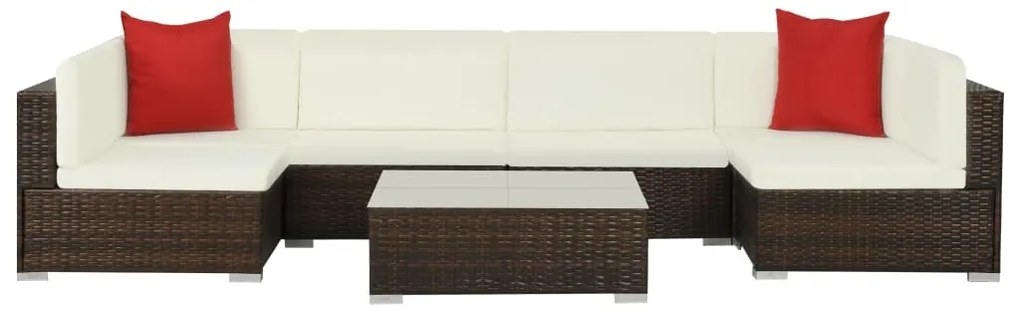 7 pcs conjunto lounge jardim c/ almofadões vime PE castanho