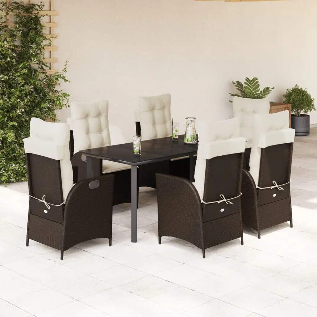 7 pcs conjunto jantar p/ jardim c/ almofadões vime PE castanho