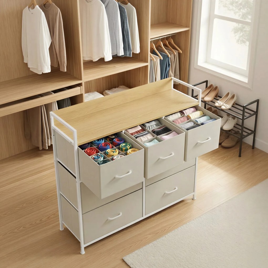Cómoda de 7 gavetas 28,6 x 98,1 x 85,1 cm, frentes das gavetas em tecido com puxadores  creme-bege