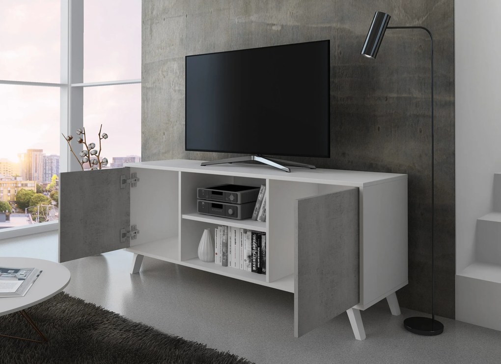 Móvel de TV 140 com 2 portas, sala, modelo WIND, estrutura cor MATT BRANCO, cor da porta CIMENTO, mede 137x40x57cm de altura.