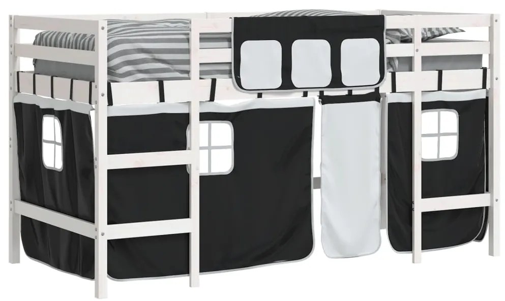 Cama alta criança c/ cortina 90x190cm pinho maciço branco/preto