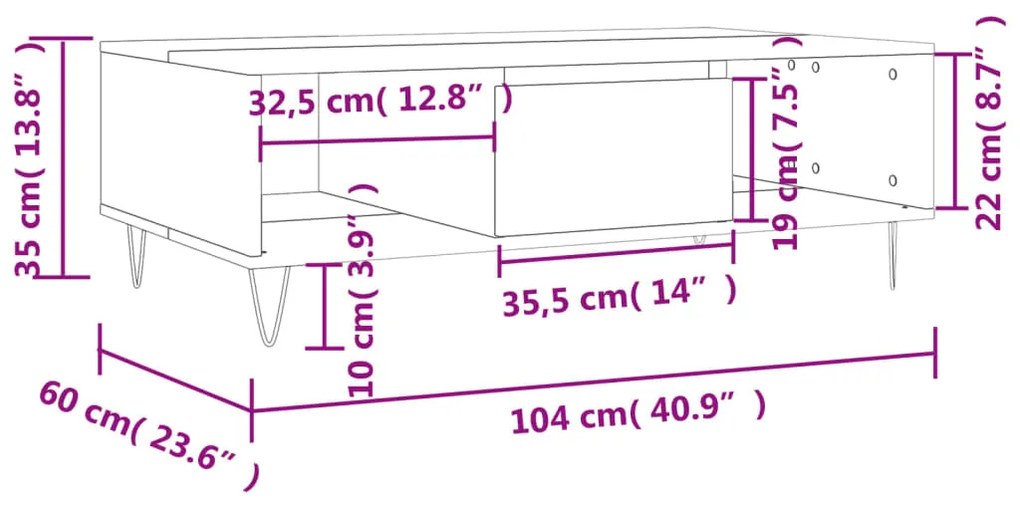 Mesa de centro 104x60x35 cm derivados madeira cinzento sonoma