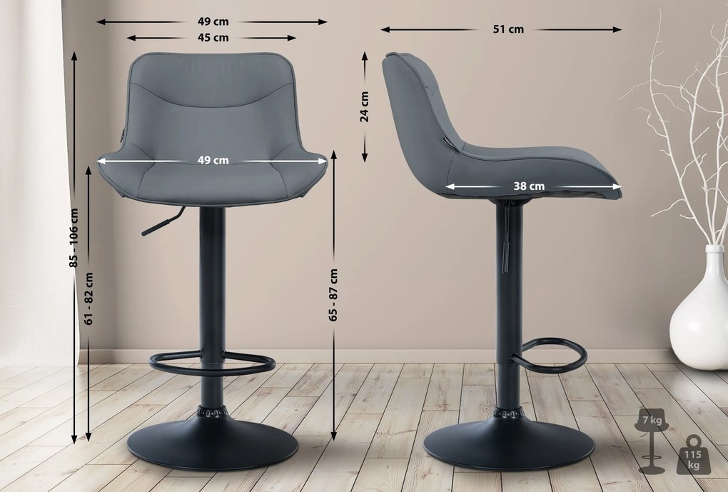 Banco alto em couro sintético com estrutura preta 85-106 x 49 x 51 cm cinzento