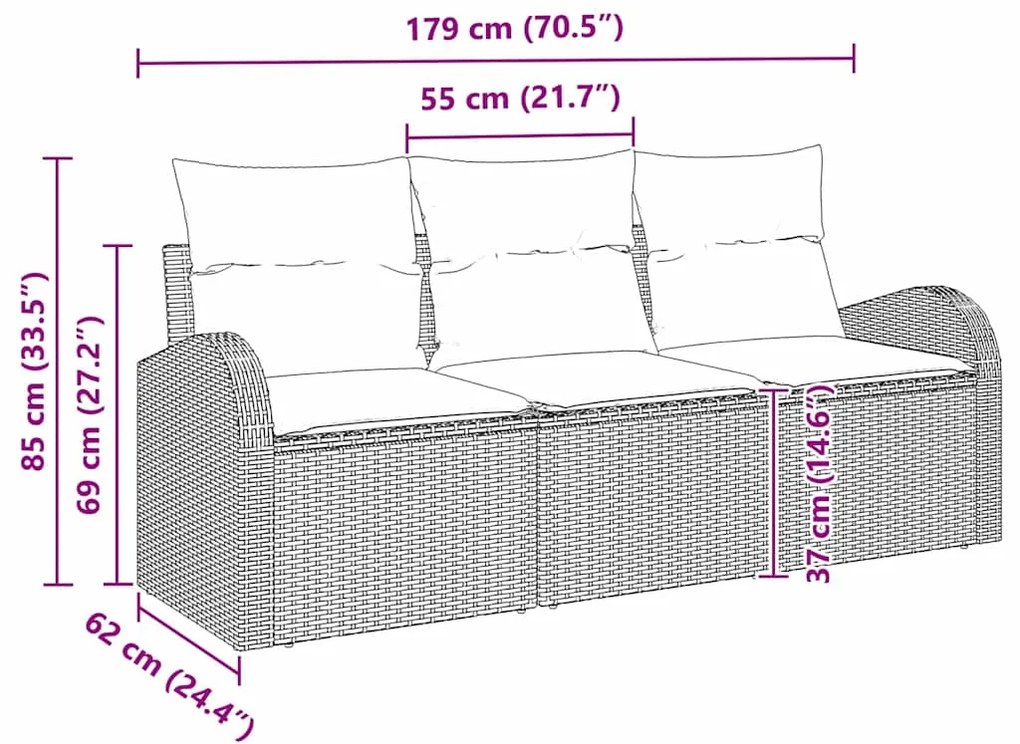 Conjunto de Sofá de Jardim 3 Peças com Almofadas Pretas de Rattan e Po