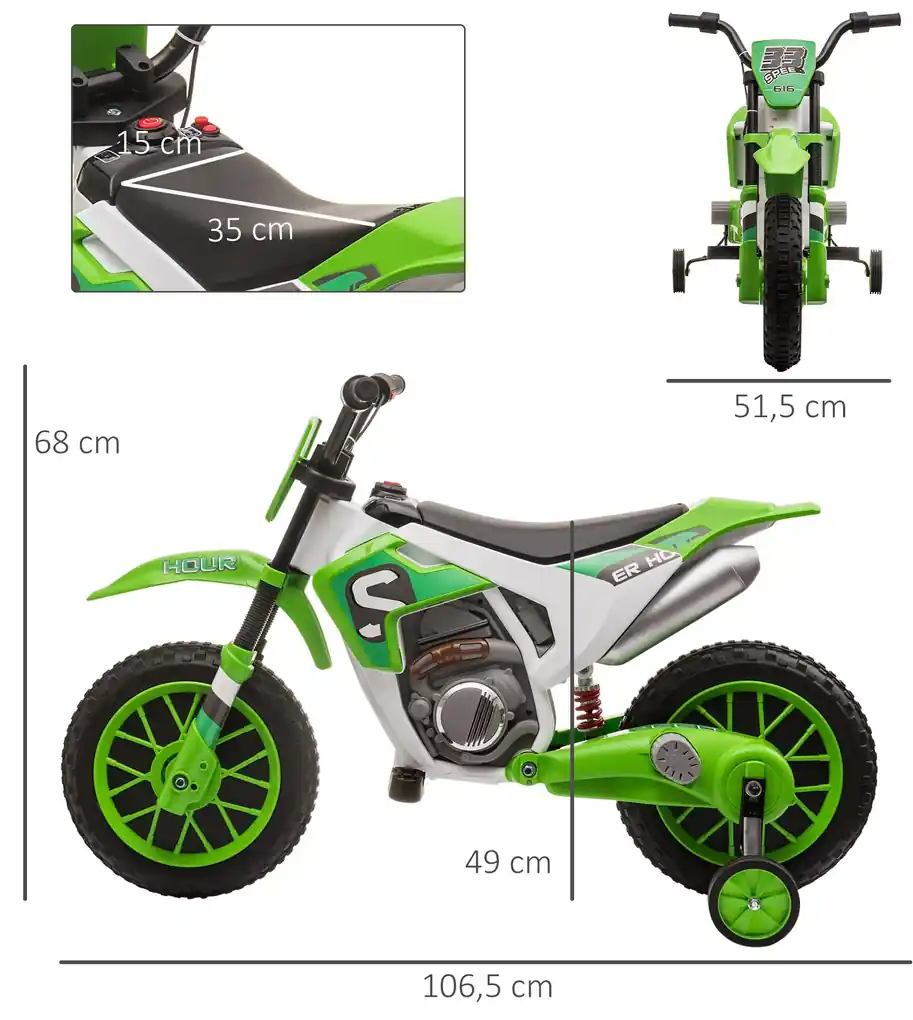 Motocicleta Elétrica Infantil, Modelos Retrô com Rodas Auxiliares