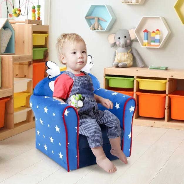 Poltrona infantil estilosa, estrutura em madeira, superfície dura, inserção de espuma, sofá infantil para quarto, 50 x 40 x 54 cm, azul