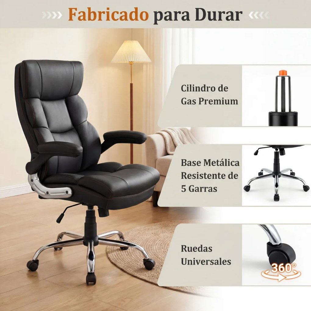 Cadeira de escritório ergonómica em couro sintético com altura ajustável, oscilação, braços rebatíveis e rodas Preta