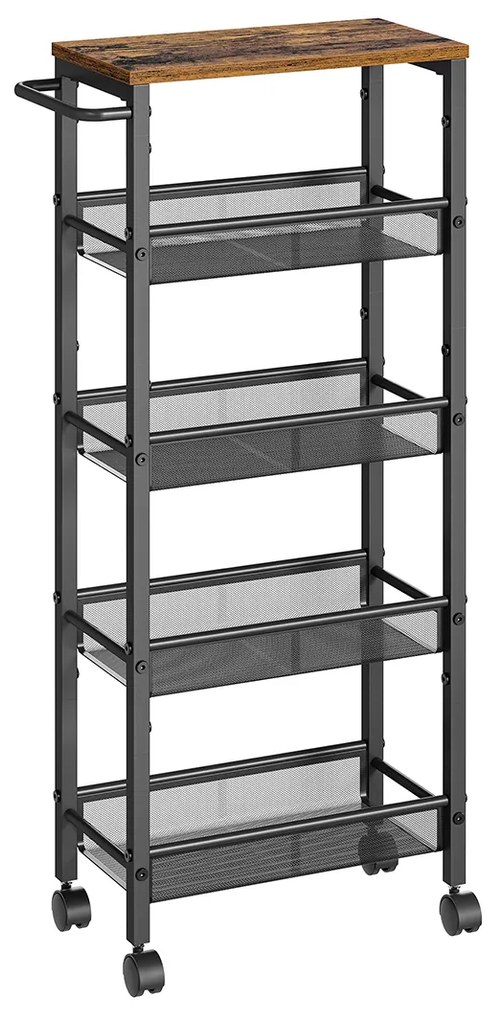 Carrinho de cozinha ou casa de banho 5 níveis estreito 22 x 45,4 x 99,6 castanho vintage e preto