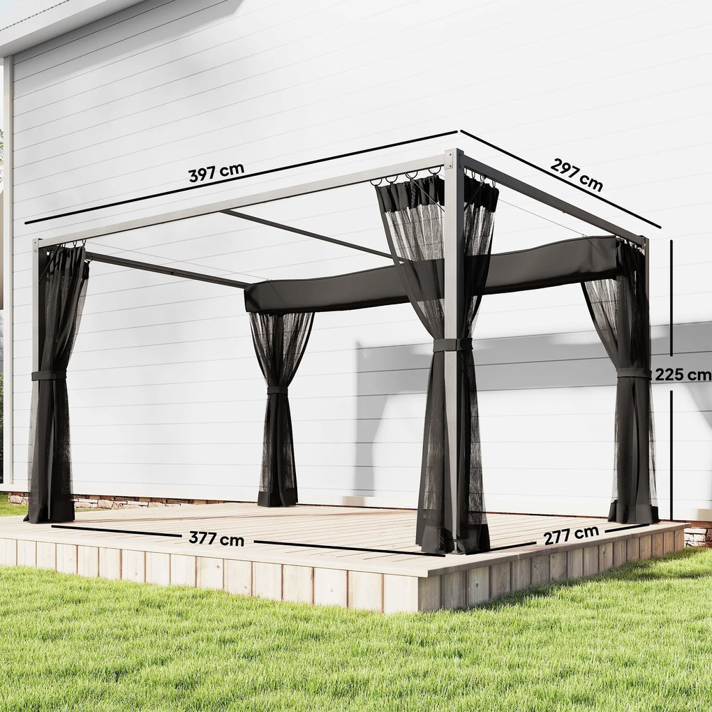 Pérgola de Jardim 3x4 m com Teto Retrátil e 4 Laterais em Rede UPF30+ Pérgola para Exterior Terraço Cinza