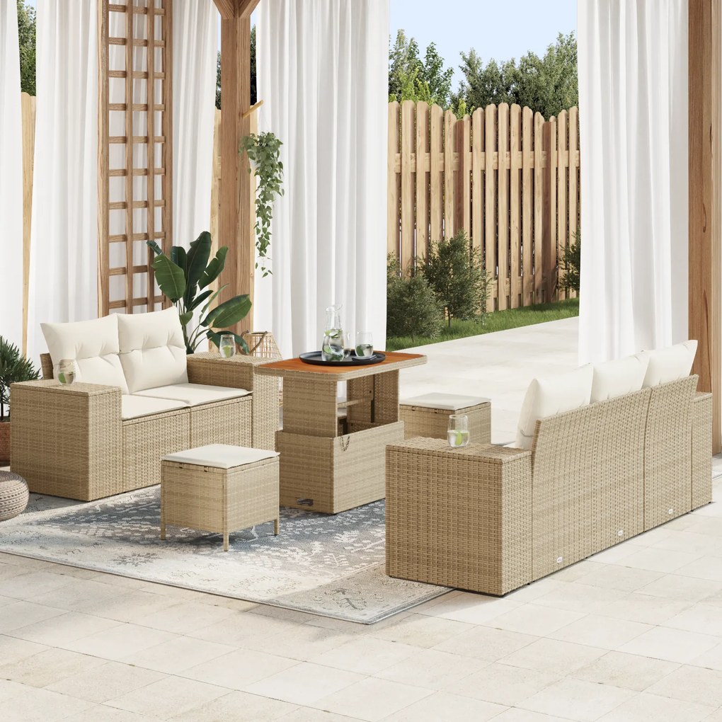 Conjunto de Sofá para Jardim com 8 Peças e Almofadas Bege de Rattan Po