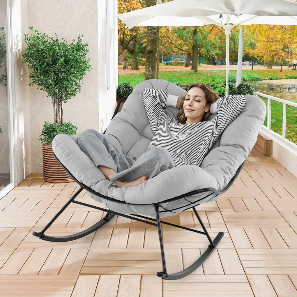 Cadeira de baloiço para interior e exterior com almofada acolchoada com estrutura metálica Capacidade 205 kg para pátio jardim Cinza