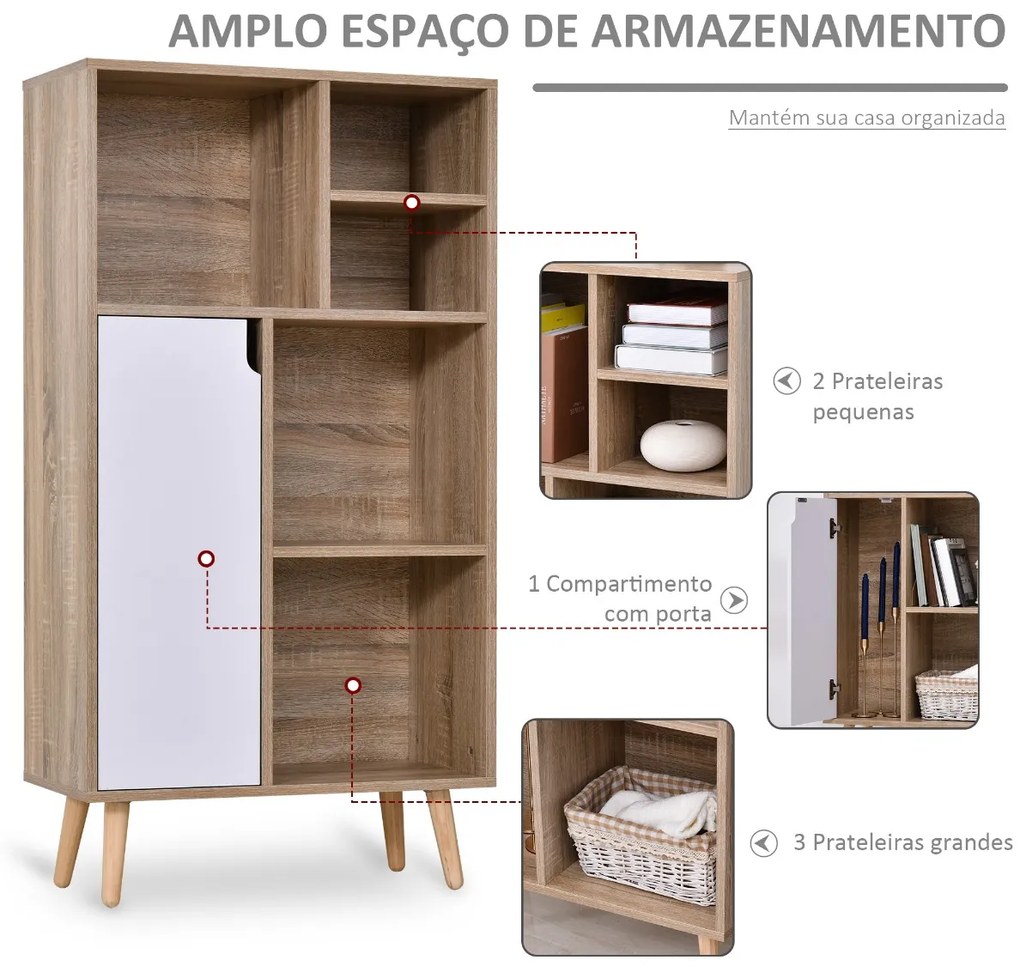 Móvel Aparador Alto Armário Auxiliar de Sala de Estar com 5 Compartimentos e 1 Porta Multiuso para Sala de Jantar Cozinha Dormitório 60x30x121cm Carva