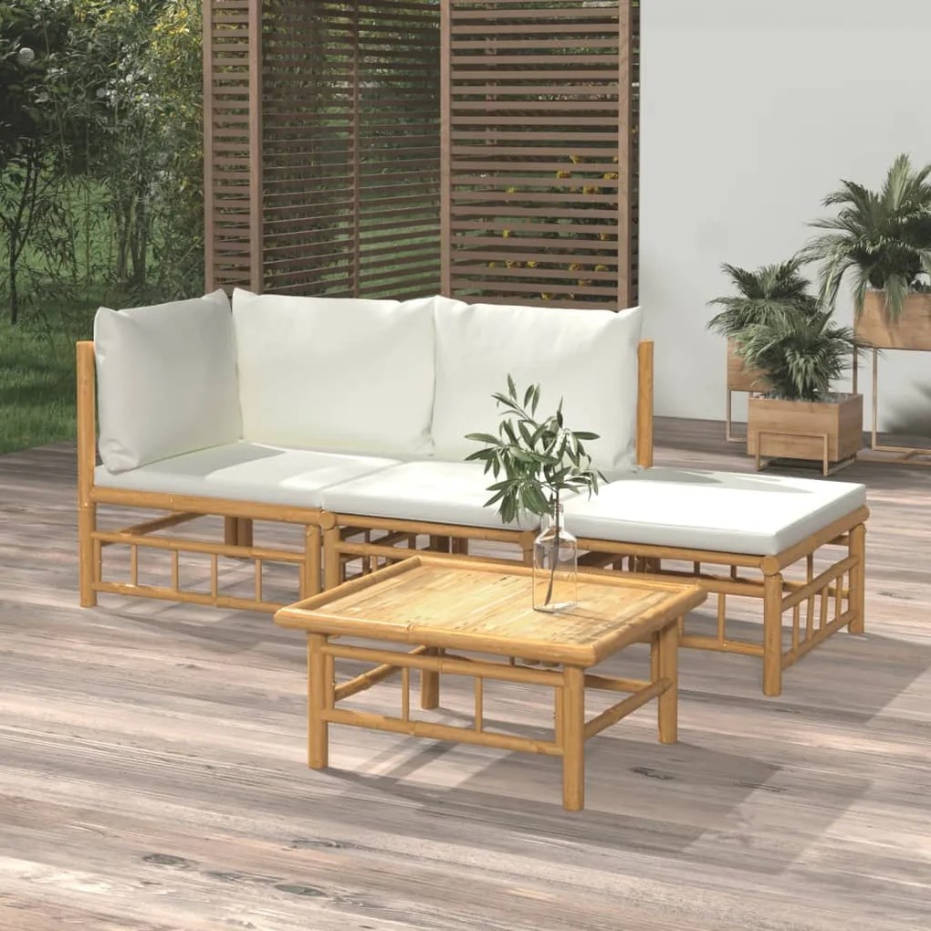 vidaXL 4 pcs conjunto lounge de jardim bambu c/ almofadões branco nata