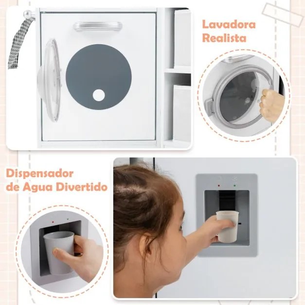 Cozinha Brincar de madeira para crianças 102 x 51 x 85 cm com luzes e sons, exaustor iluminado, sistema de água com dispensador e máquina de lavar par